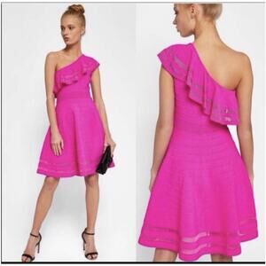 TED BAKER Streena‎ Dress Size 2 US6 Pink Knitted Ruffle One Shoulder